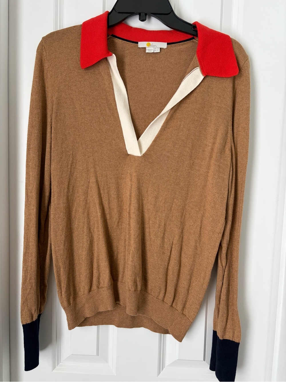 Boden Brown V-Neck Sweater with Red Collar and Navy Cuffs